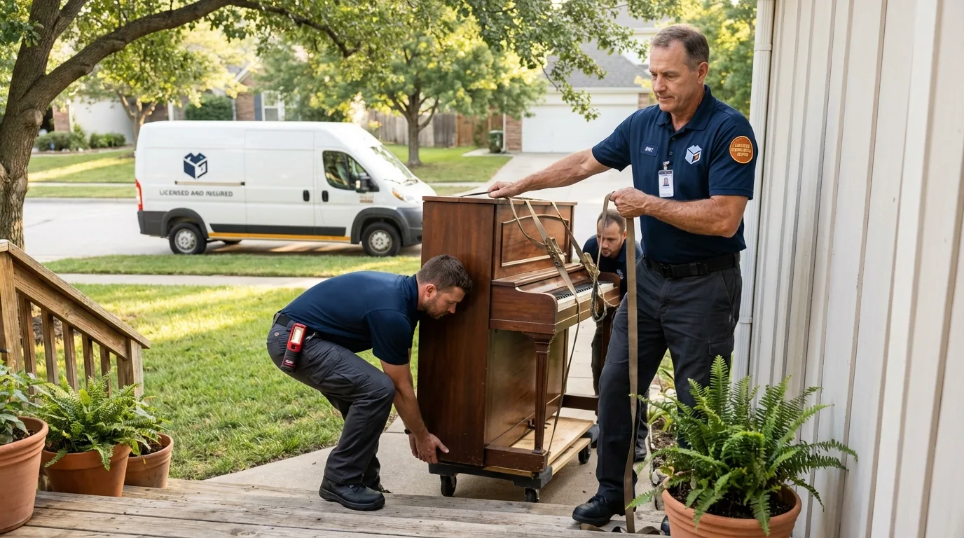 Licensed piano movers securing grand piano in Jericho, VT