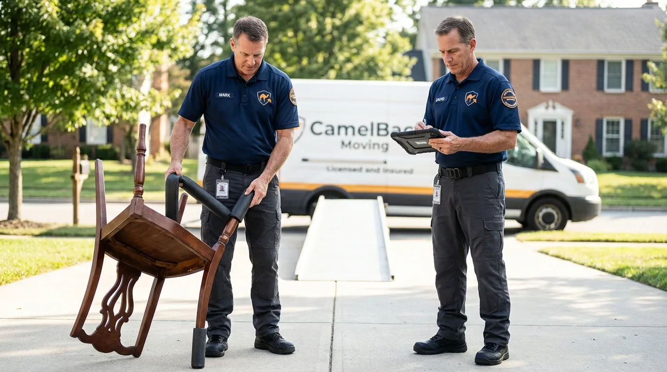 Movers inspecting furniture for damage prevention before loading in Jericho, VT