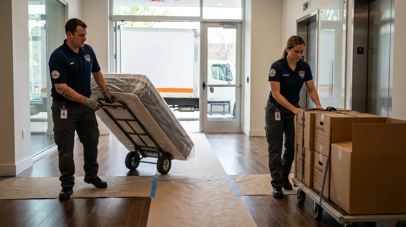 Professional apartment movers loading elevator in Jericho, VT