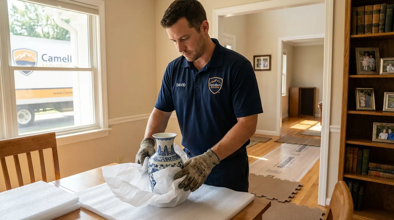 Professional crew carefully wrapping antique vase for senior downsizing move in Jericho, VT