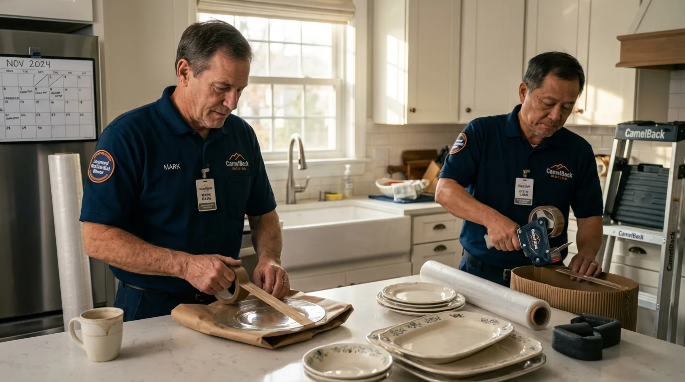 Professional crew packing kitchen dishware in Jericho, VT